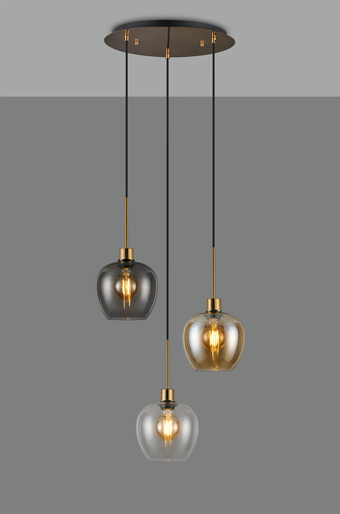 Lori 40cm Round Pendant, 3 Light Adjustable E27, Antique Gold/Amber/Clear/Smoke Wine Shades DK1184  Deco Lori Antique Gold